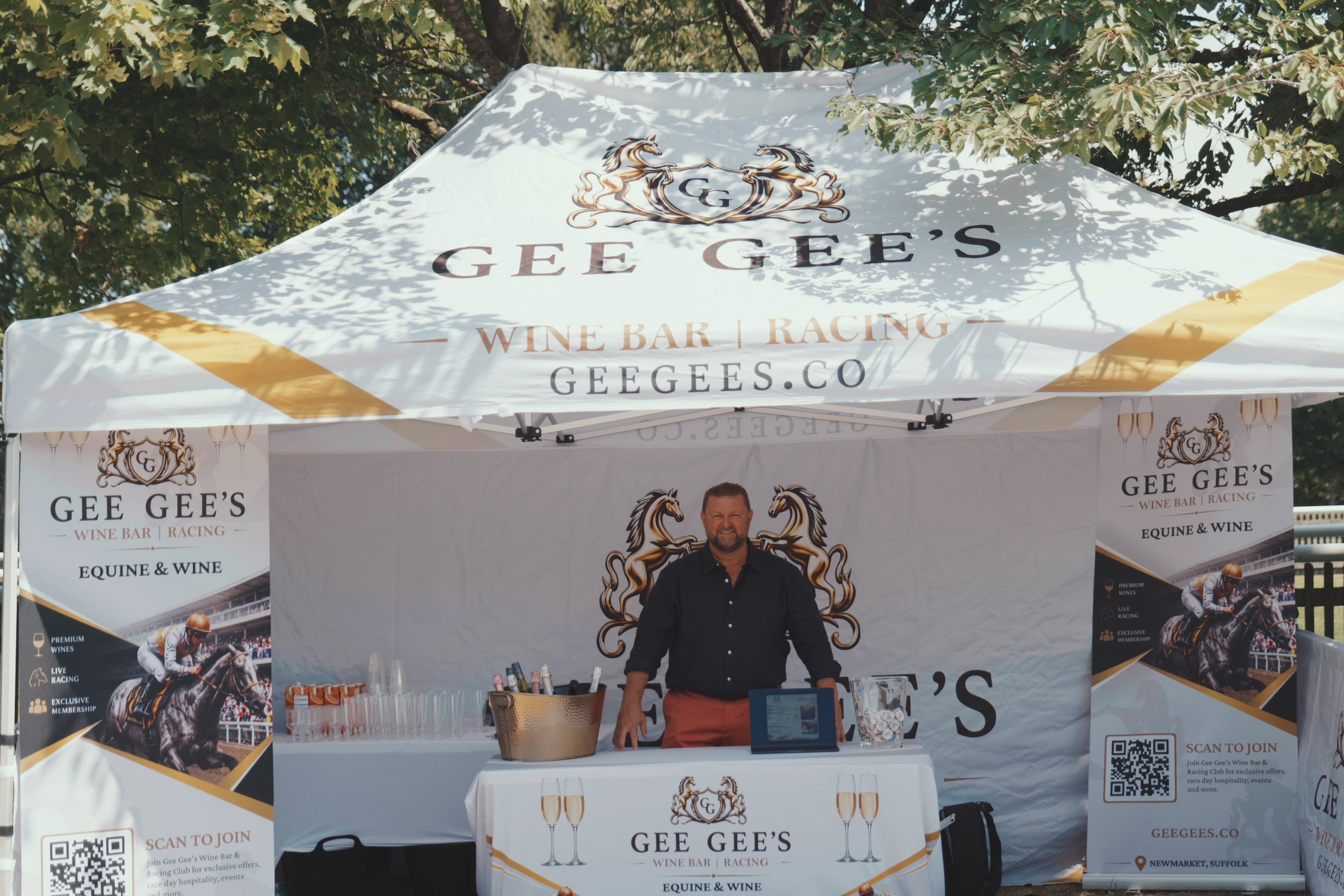Gee Gee's Wine Bar & Racing branded event tent at Newmarket