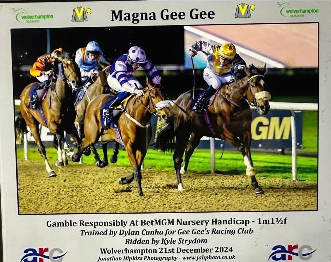 Magna Gee Gee winning at Wolverhampton, trained by Dylan Cunha for Gee Gees Racing Club, ridden by Kyle Strydom — December 2024